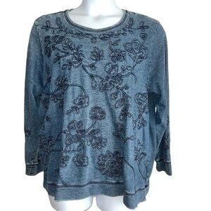 Coldwater Creek Knit Shirt Sz 2x Denim Blue & Black Embroidered Flowers Cotton